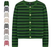 Cardigan rayé pour femme, manteau court en tricot ouvert sur le devant boutonné avec poches, Vert, XL