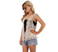 Cardigan sans manches ouvert sur le devant en dentelle florale au crochet avec bordure bohème pour femme, beige, taille unique