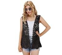 Cardigan sans manches ouvert sur le devant en dentelle florale au crochet avec bordure bohème pour femme, V-07 Noir, taille unique