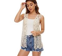 Cardigan sans manches ouvert sur le devant en dentelle florale au crochet avec bordure bohème pour femme, V-05Beige, taille unique