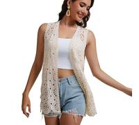 Cardigan sans manches ouvert sur le devant en dentelle florale au crochet avec bordure bohème pour femme, Beige-030, taille unique