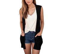 Cardigan sans manches ouvert sur le devant pour femme - Élégant - Ourlet drapé - Léger - Avec poches - Couleur unie - Long gilet - Blazer, #A1-noir, XXL