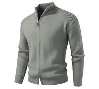 Cardigan texturé rayé à manches longues pour homme avec fermeture éclair intégrale, col montant, couleur unie, coupe ajustée, poignets élastiques, entretien facile, Vert noir, 3XL