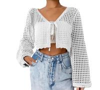 Cardigan tricoté à manches longues pour femme avec nœud sur le devant et clochette - Haut court en tricot au crochet - Léger - Boléro ajouré - Pull d'été pour la plage, blanc, M