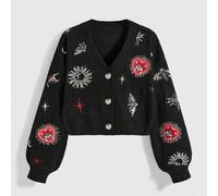 Cardigan tricoté col V avec broderie rétro de cœur, lune, étoile et papillon pour femmes L,M,S,XSAnimal,Portrait,Galaxie,Géométrique,graphiqueLaine peignée