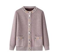 Cardigan Tricoté Épais À Col Ras du Cou et Doublure Polaire pour Personnes D'Âge Moyen et Âgées, Imprimé avec Poche, Vêtement pour Mère, Pull Chaud, Manteau, Veste, Printemps et Hiver (Vert Armée)