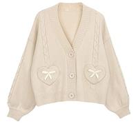 Cardigan tricoté pour femme avec nœud de style japonais - Pull mignon à manches longues et col en V, beige, M