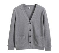 Cardigan tricoté pour homme, pull tricoté à boutons entiers, couleur unie, coupe ample, col en V, pull chaud à manches longues, ouverture sur le devant avec poches pour l'hiver, gris, M