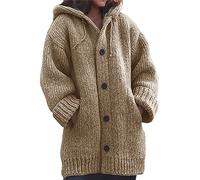 Cardigans à capuche mi-longs pour femmes - Pulls oversized à manches longues décontractés ouverts sur le devant avec boutons - Manteau cardigan côtelé en tricot - Hauts en maille ample et léger
