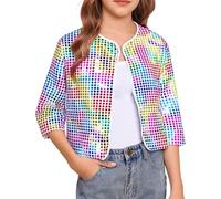 Cardigans à paillettes pour filles - Hauts courts scintillants à manches mi-longues - Chemise ouverte sur le devant - Vestes de printemps à paillettes pour danse jazz - Vêtements de Pâques à la mode