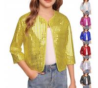 Cardigans à paillettes pour filles - Hauts courts scintillants à manches mi-longues - Chemise ouverte sur le devant - Vestes de printemps à paillettes pour danse jazz - Vêtements de Pâques à la mode