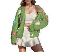 Cardigans en tricot côtelé pour femmes broderie esthétique jolies fleurs appliques pull boutonné manteau (Vert,Grand)