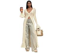 Cardigans longues boho pour femmes - Tricot crochet à manches longues avec découpe - Sweat-shirt léger boutonné - Robe maxi boho - Débardeur - Ouvert sur le devant, S