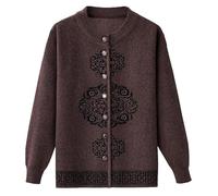 Cardigans pour Femmes Épais et Chaud Costume De Vieille Dame Pull D'Âge Moyen Doublure en Velours Brodé Tricot Col Ras du Cou Manches Longues Veste Manteau Café M