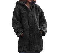 Cardigans pour femmes - Longueur moyenne - Manteau en tricot avec capuche - Pull tricoté - Boutons - Manteau de loisirs chaud - Grosse maille - Cardigan ample - Décontracté - Couleur unie - Veste