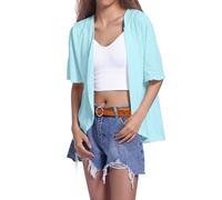 Cardigans pour femmes UK Solide Jacquard Manches Courtes Dentelle Manches mi-longues Cardigans Airy Chic Fashion Casual Confortable Respirant Cover Tops, #04 - Bleu clair, L