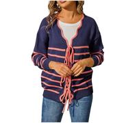 Cardigans Sweaters for Women Long Sleeve Splicing Striped Lightweight Strap Closure Comfy Casual Tops for Holiday