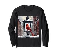 Cardinal Bird Assis sur Une Lanterne de Rue Couverte de Neige Manche Longue