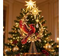 Cardinal Heaven's Cimier de sapin de Noël lumineux en forme d'oiseau rouge | Pointe de sapin lumineuse à LED avec étoiles en cristal et cadre incurvé doré, décoration de Noël commémorative pour