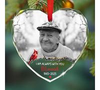 Cardinal I Am Always with You Décorations en verre en forme de cœur, cadeau de Noël commémoratif personnalisé pour la perte de papa, maman au paradis, année/nom et photo personnalisés pour un être