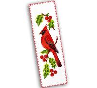 Cardinal - Kit de marque-page au point de croix compté - Kit de broderie à faire soi-même - Cadeau de Noël pour adultes et enfants avec un oiseau rouge assis sur un gui de Noël