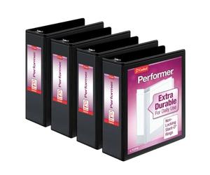Cardinal Performer 27601 Lot de 4 classeurs à 3 anneaux, 7,6 cm, anneaux inclinés non verrouillables, capacité de 725 feuilles, présentation ClearVue, antiadhésifs, sans PVC, noir