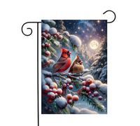 Cardinaux Sur Une Branche, Baies, Pleine Lune, Étoiles, Forêt D'Hiver Garden Flag Résistant Aux Intempéries Drapeau De Jardin Décoratif Drapeaux Pour Porche Pelouse Maison 30X45Cm