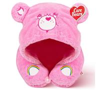 Care Bears - Cheer Bear Coussin de Voyage pour Avion et Voiture - Peluche Douce - avec Capuche et Clip à Bouton - Rose