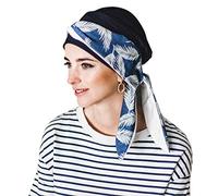 CAREBELL Foulard oncologique Smooth Denim Palms / Tissu de bambou / Idéal pour les patients souffrant de perte de cheveux / Certifié Oeko-Tex / Confortable et respirant