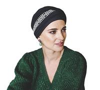 CAREBELL Turban Oncologique/Modèle Confort/Design Ikat Noir/Tissu de Bambou/Idéal pour les Peaux Sensibles/Patients avec Perte de Cheveux/Chimiothérapie et Alopécie