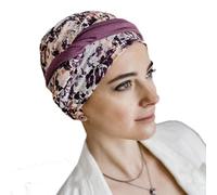 CAREBELL Turban oncologique/Modèle Confort Mauve Fleurs/Tissu Coton/Certifié Oeko - Tex/Idéal pour la perte de cheveux/Confortable et Respirant/Préformé/Chimiothérapie et Alopécie