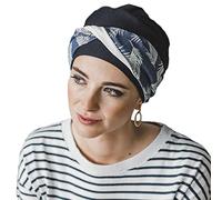 CAREBELL Turban oncologique modèle Elegance - Design denim palms, bambou doux et respirant, spécial chimiothérapie, radiothérapie, alopécie et peau sensible