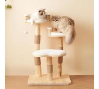 CareCooo Cadre d'escalade pour chat en bois massif, 98 cm, arbre à chat avec sisal et balle en peluche, tremplin à 3 niveaux, coussin aspect nuage, durable pour chats, blanc