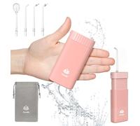 Caredite Mini hydropulseur sans fil, nettoyeur de dents portable, rechargeable pour voyage à la maison, 4 embouts 3 modes, IPX7 étanche pour les soins dentaires, rose