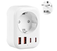 Carehabi Adaptateur Prise Anglaise vers Francais avec 2 USB-A et 2 USB-C, Type G pour Angleterre, Irlande, Malte, Malaisie