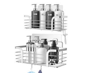 Carehabi Etagère de Douche sans Perçage Pack de 2, Organisateur de Salle de Bain en Acier Inoxydable SUS304 avec 4 Crochets, Support de Shampoing Organisateur de Douche pour la Salle de Bain