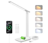 Carehabi Lampe de Bureau Puissante - 5 Modes de Couleurs et 5 Niveaux de Luminosité Réglables - Rotation sur 3 Axes - Protection des Yeux - Lampe de Lecture avec Port USB (blanc - à piles)