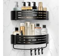 Carehabi Lot de 2 Étagères de Douche sans Perçage, Étagère Murale sans Perçage Autocollantes avec 8 Crochets, Étagère d'angle pour Salle de Bain et Cuisine - Noir