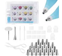 Carehabi Lot de 34 douilles de décoration de gâteau, 2 douilles en acier inoxydable, 2 poches à douille réutilisables en silicone, pour gâteaux, cupcakes, cookies, pâtisseries