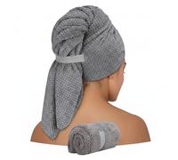 Carehabi Serviette de séchage pour Cheveux - 100 x 60 cm - Extra Large - en Microfibre - Extrêmement absorbante - Turban Anthracite avec Bande élastique au Lieu d'un Bouton - Séchage Rapide - pour