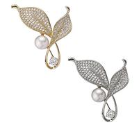 Careor Lot de 2 broches élégantes en forme de feuilles avec strass et strass en métal pour femme et fille Doré et argenté, Métal, strass, argent, alliage de zinc