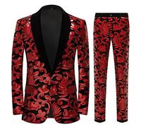 CARFFIV Ensemble 2 pièces Tendance pour Homme Motif Floral et Paillettes,Red,L