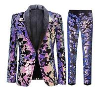 CARFFIV Ensemble 2 pièces Tendance pour Homme Motif Floral et Paillettes (S, Map Purple)