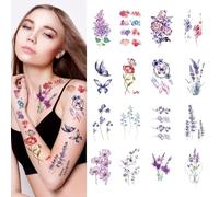 CARGEN Tatouage Temporaire de Fleur Aquarelle - 16 Feuilles de Lavande Petite Fleur Violette Papillon Faux Tatouage Art Imperméable pour Enfants Filles Femmes Visage Corps Bras