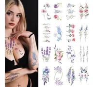 CARGEN Tatouage Temporaire de Fleur Aquarelle - 16 Feuilles de Lavande Petite Fleur Violette Papillon Roses Tulipes Faux Tatouage Art Imperméable pour Enfants Filles Femmes Visage Corps Bras