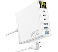 Caricatore USB C, 160W GaN 6-Port Chargeur Rapide avec LED Display, Chargeur Secteur Multiple avec 3 USB-C et 3 USB-A PPS PD 3.0 für Macbook Pro/Air Laptop iPhone iPad Samsung