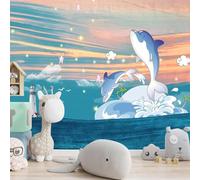 Caricature D'Un Beau Dauphin Mignon Sous L'Eau Papier Peint 3D Installation Facile Intissé Tapisserie Bureau Salon Canapé Chambre Décoration Murale-200cm×140cm