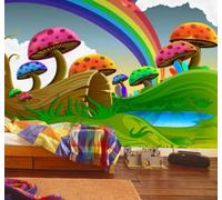 Caricature Mignon Champignons Arc En Ciel Paysage Papier Peint 3D Installation Facile Intissé Tapisserie Bureau Salon Canapé Chambre Décoration Murale-250cm×170cm