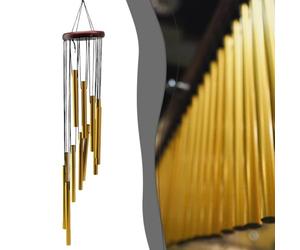 Carillon à vent musical avec 12 tubes en aluminium découpés avec précision et construction en bois de pin massif pour une mélodie douce activée par le vent (doré)