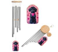 Carillon commémoratif en forme de chien noir tenant un cœur rose avec 6 tubes en aluminium pour décoration de jardin